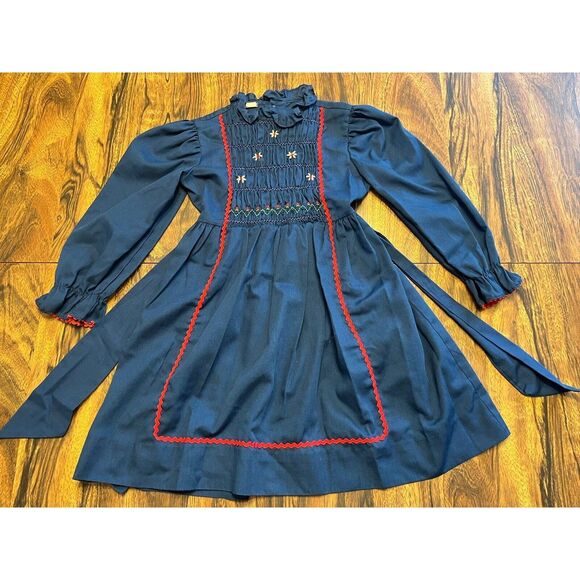 Vtg Princess Anne Hand Smocked Blue Dress Girl Sz 6 Ric Rac Trim READ - Picture 1 of 12